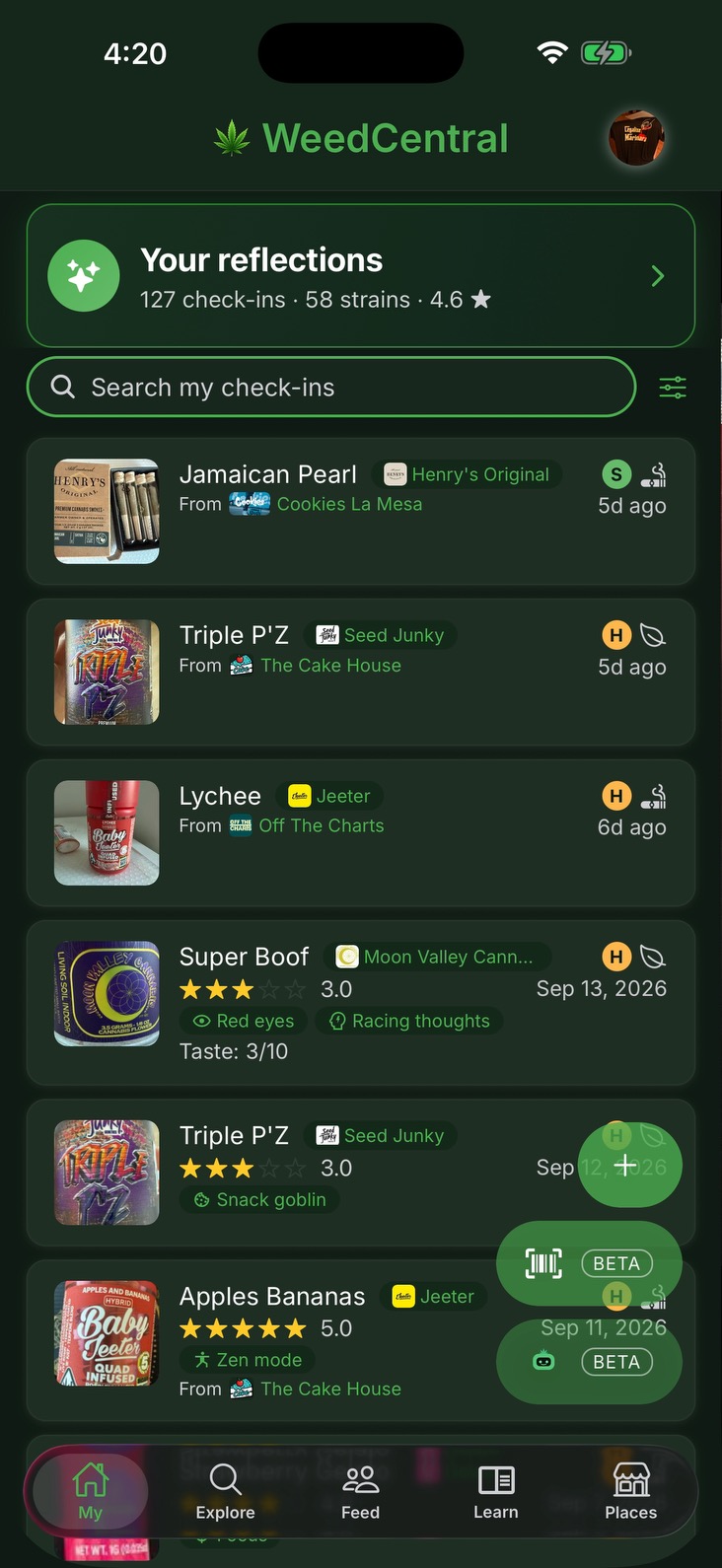 The WeedCentral app: a check-in with its lab results, then Smart Scan reading a package's lab report